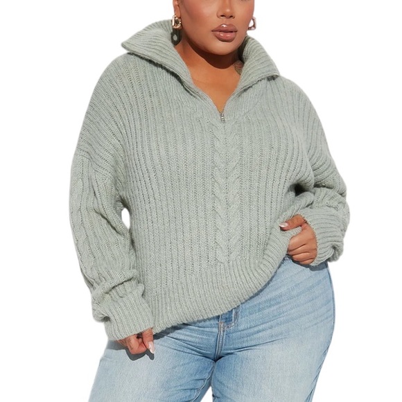Fashion Nova Sweaters - FASHION NOVA Quarter Zip Sweater | Sage | Size 2X
